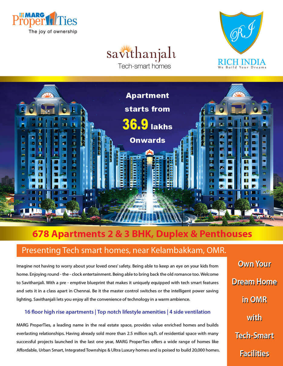 Smart Hi-tech 1/2/3 BHK Savithanjali Apartments at Rs.19.06 Lac Onwards at Old Mahabalipuram Road, Chennai.